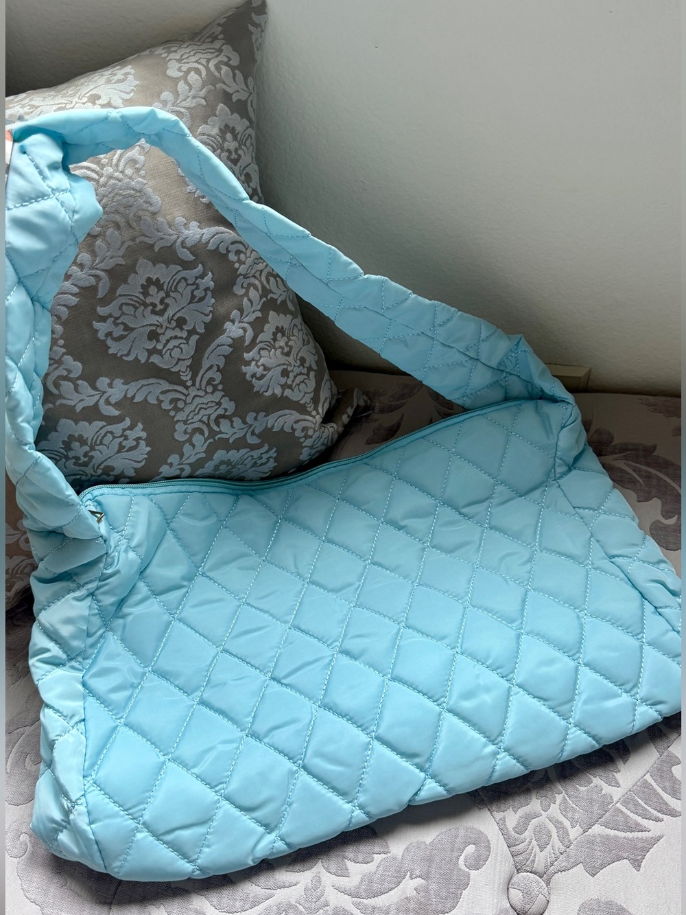 Light Blue Quilted Shoulder Tote Bag Carryall